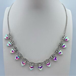 Iridescent Crystal Triangle Statement Necklace | Silver Tone 18.5”—21”